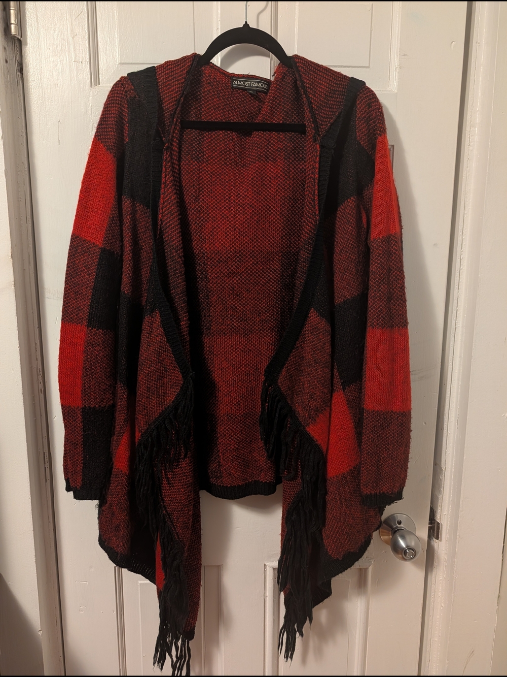 Red & Black Plaid Hooded Sweater Duster